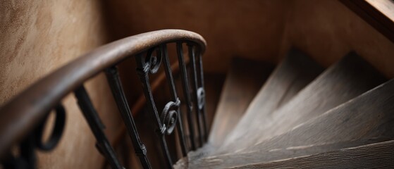 A spiral staircase with wooden steps and ornate railing, descending into warm shadows, radiating timeless elegance and craftsmanship.