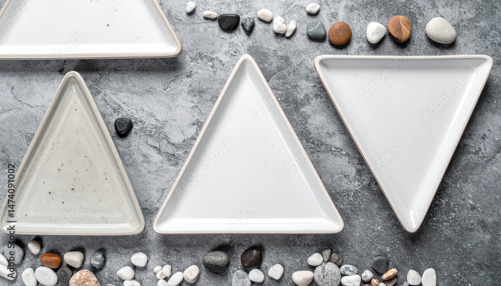Poster creative display of triangular plates with decorative stones indoor setting modern design aesthetic 