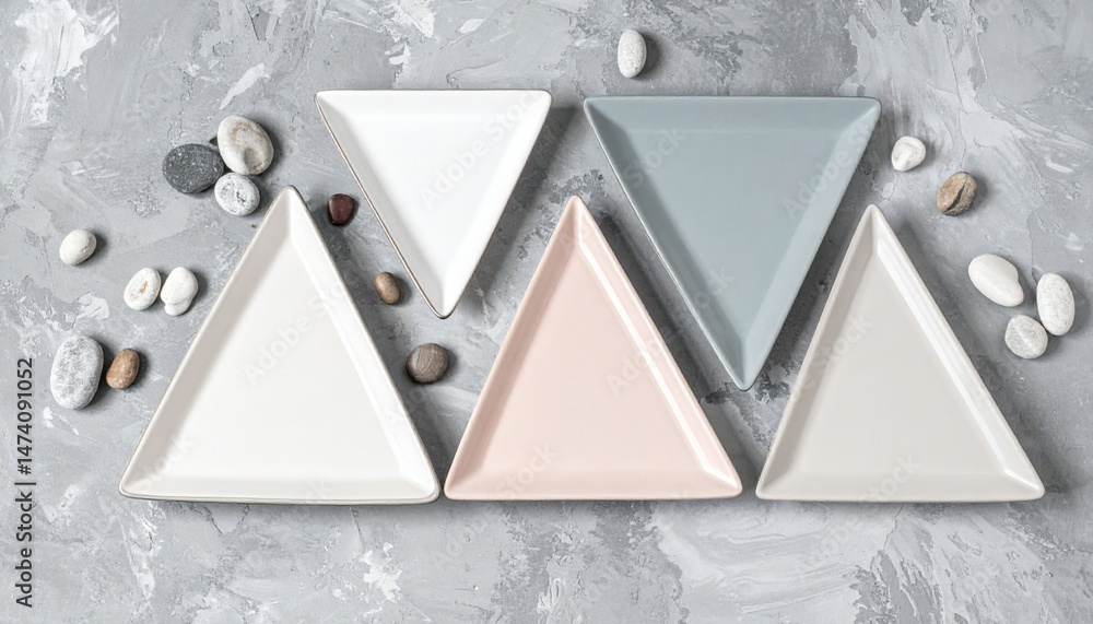 Poster artistic display of triangular plates on a textured surface contemporary tableware arrangement minim