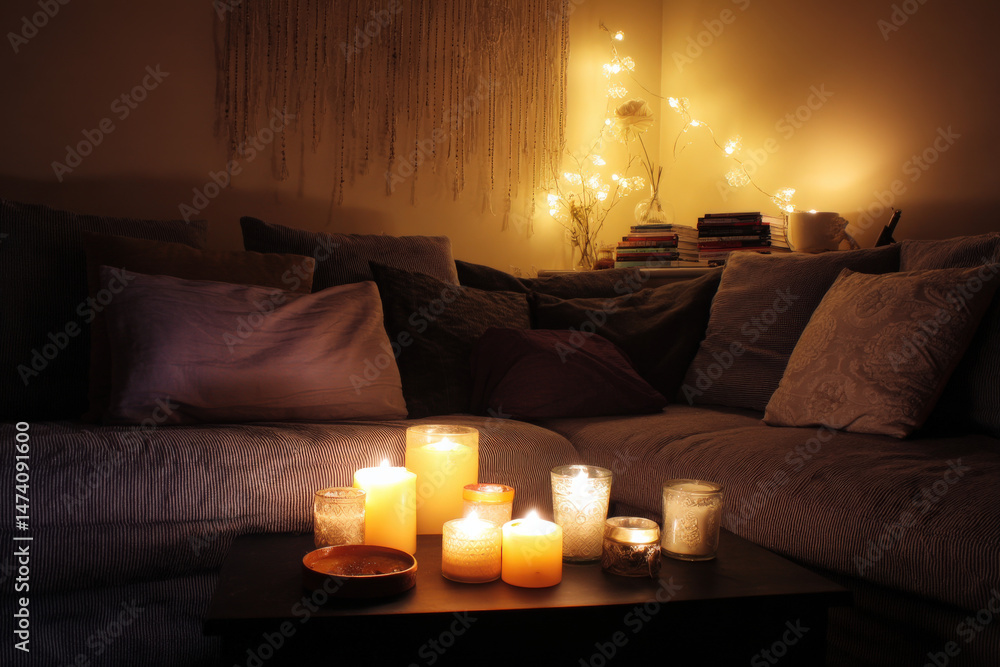Poster a cozy living room is illuminated by a cluster of candles, creating a warm and inviting atmosphere w
