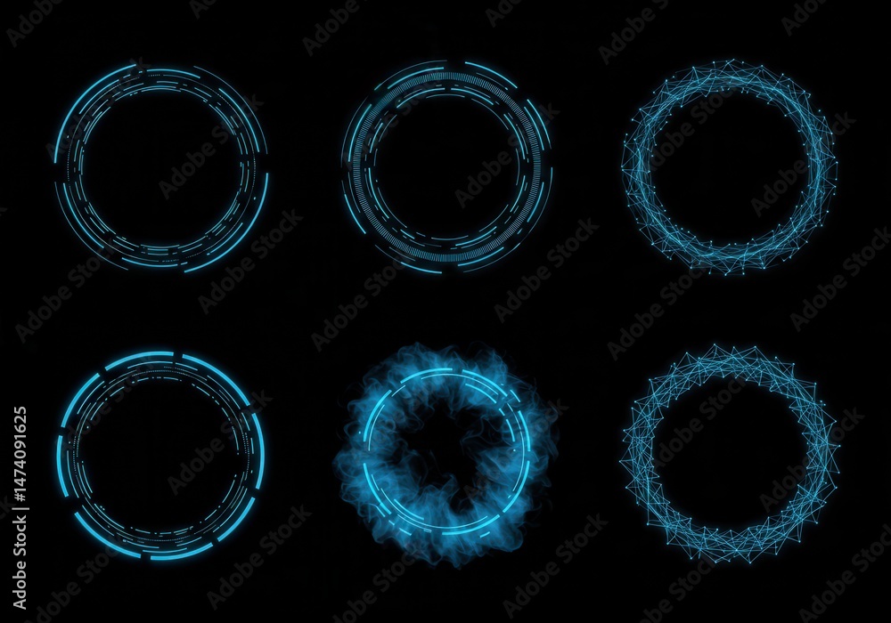 Poster six abstract glowing blue circular designs with varied patterns on a black background, creating a fu