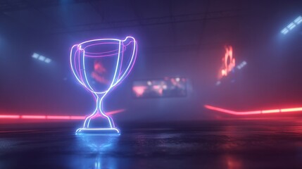 A futuristic holographic award trophy shines brightly in a virtual environment with neon lights, presented in a 3D render