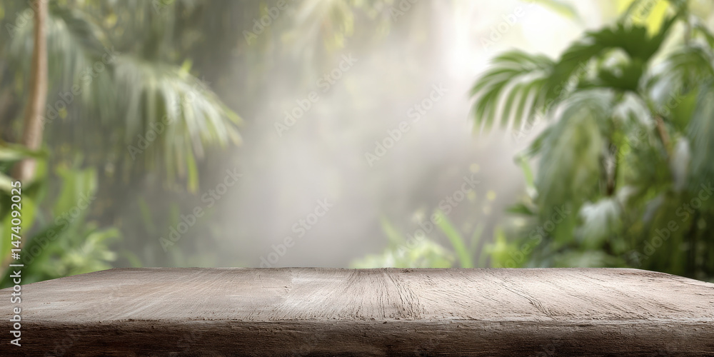 Poster a rustic wooden table surface overlooks a lush tropical landscape with vibrant greenery and soft mis