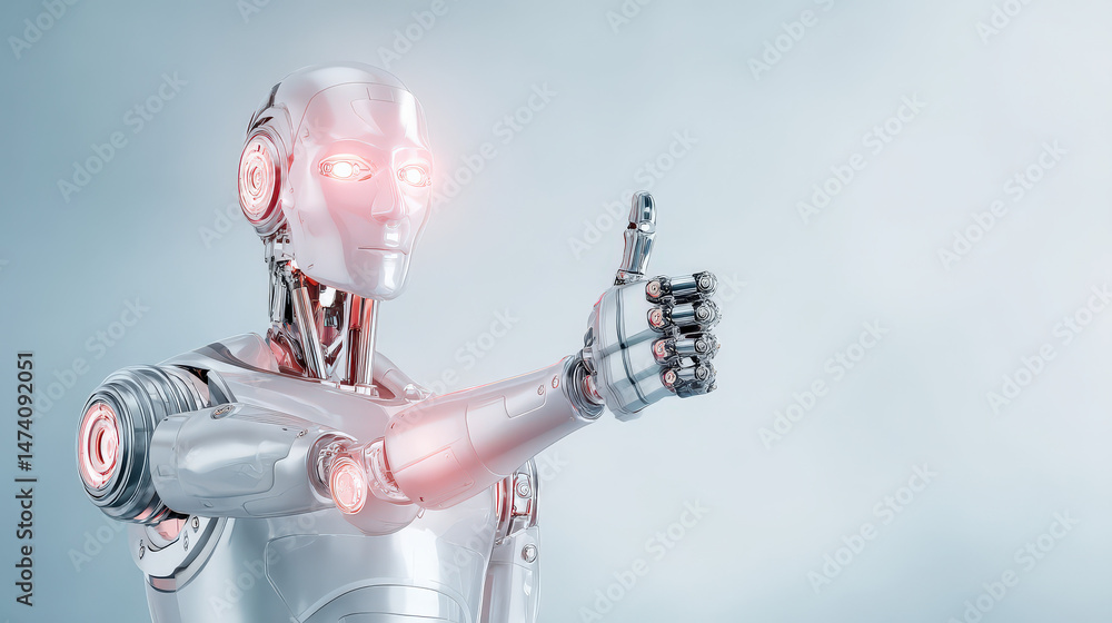 Poster a futuristic metallic robot giving a thumbs-up gesture with glowing features on its head and hands c