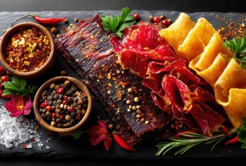 Exquisite Charcuterie Board Featuring Dried Meats, Spices, and Garnishes Perfect for Gourmet Gatherings and Culinary Experiences
