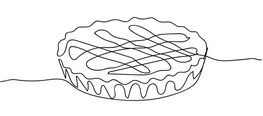 Continuous line drawing on white background fresh sliced apple pie logo graphic vector illustration. Pastry bakery food cafe menu and restaurant badge concept.