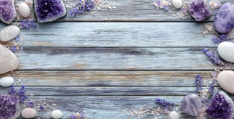 Plakat A light background serves as the base for a spa setting comprising lavender flowers, sea salt, and a selection of wellness tools, photographed from a top view to create a banner