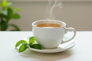 Hot mint tea in white cup with mint leaves on white table