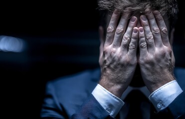 A businessman sits in a studio, overcome with sadness and tears, surrounded by the remnants of bankruptcy, stress, and recession, with a backdrop of mistakes