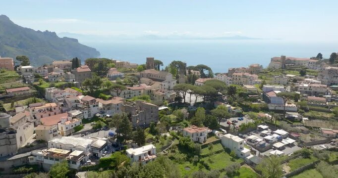 Aerial view of the cathedral of Santa Maria Assunta and San Pantaleone in the main square of Ravello. This church is located in the Amalfi Coast, Campania, Italy. It is a minor basilica and a museum.
