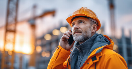 Confident construction worker or site foreman in a safety helmet and vest talking on the phone at a building site.