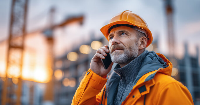 Confident construction worker or site foreman in a safety helmet and vest talking on the phone at a building site.