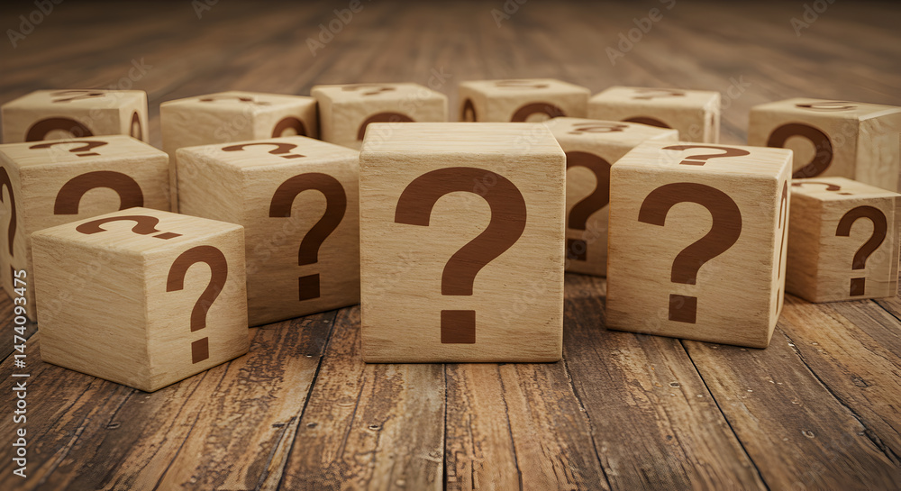 Poster question mark blocks wooden cubes mystery problem solving concept uncertainty exploration challenge 