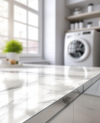 A serene view of a polished marble surface with reflections, surrounded by a tidy laundry room with natural light streaming through the window, highlighting a washing machine and potted plant.