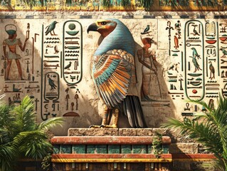 Ancient egyptian hieroglyphs and falcon deity on a stone wall