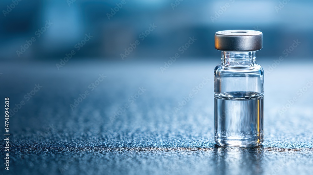 Poster vaccine vial on a clean sterile table surface prepared for administration in a clinical setting