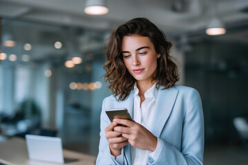 Fototapeta premium Young woman in blue suit using smartphone in office, glancing at the screen and typing a message. Managing tasks, setting reminders