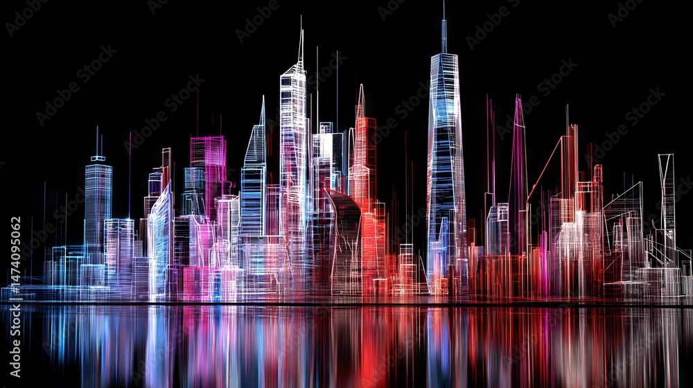 Poster virtual environment featuring a futuristic cityscape illuminated by neon lights and binary code disp