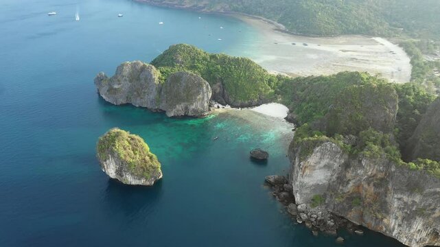 Aerial view of Nui beach and rocky coast, Ko Phi Phi Don island, Krabi province, Thailand