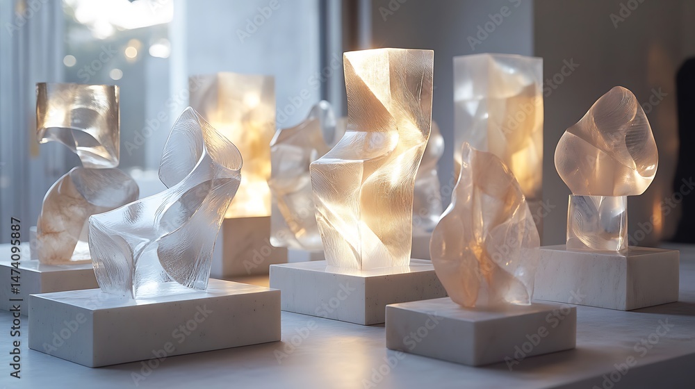 Poster collection of elegant translucent sculptures with unique geometric forms