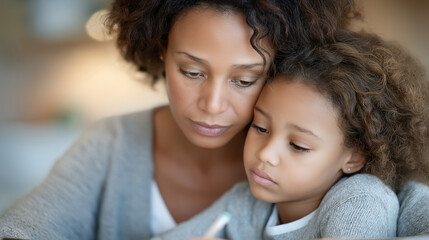 A nurturing family home scene with supportive mother and child