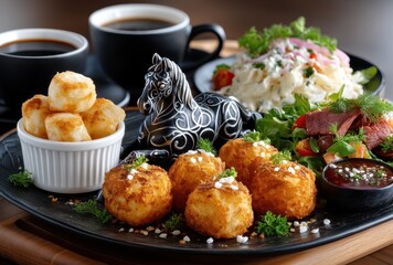 Exquisite Gourmet Platter Featuring Crispy Potato Bites, Fresh Salad, and Grilled Beef Served with Rich Sauces and Elegant Tableware