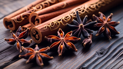 Fototapeta premium Aromatic spices Cinnamon sticks star anise and cloves stick on table ai genrative