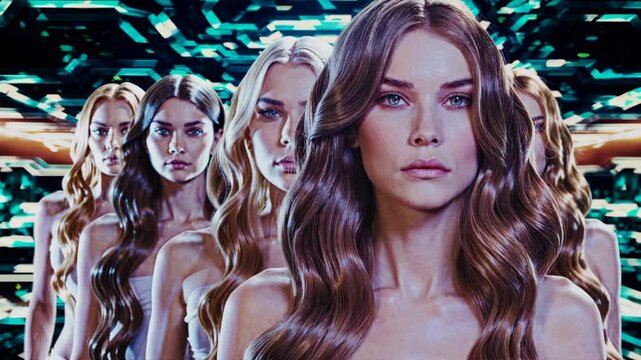 Multiple identical women stand in formation against a futuristic digital background, evoking themes of cloning and artificial identity.

