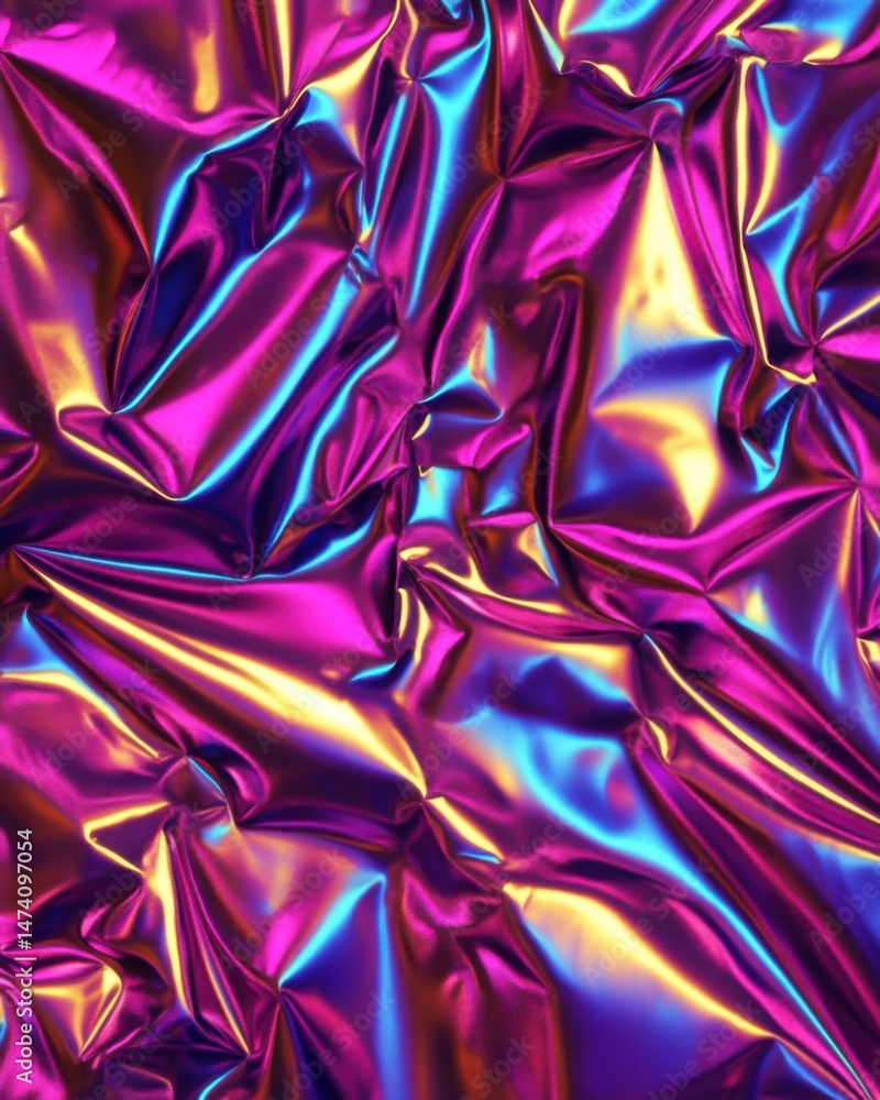 Poster abstract close-up of iridescent crumpled foil with vibrant colors and smooth texture studio shot for