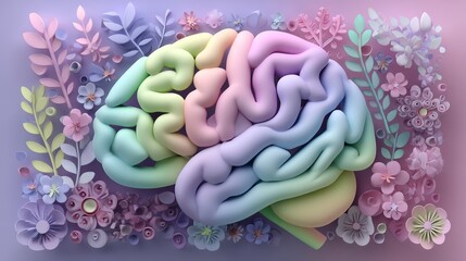 On a sunny blue background, a human brain crafted from paper cutouts is surrounded by a beautiful array of flowers, signifying the connection between mental health awareness and emotional wellness