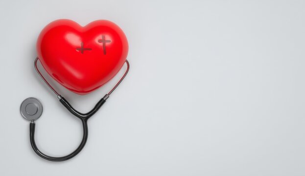 A red cross represents medical health, accompanied by a stethoscope and heart on a wooden desk, with available space for text and other contents, relating to red cross CPR, World Heart Day, World - Powered by Adobe