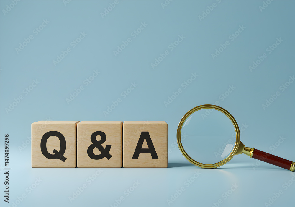 Poster questions and answers faq concept with wooden blocks and magnifying glass on blue background studio 