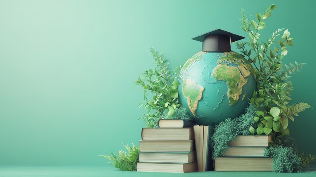 Sustainable learning is at the heart of the eco education concept, which strives for a greener planet, illustrated by an earth model adorned with a graduation cap, accompanied by thriving plants, and