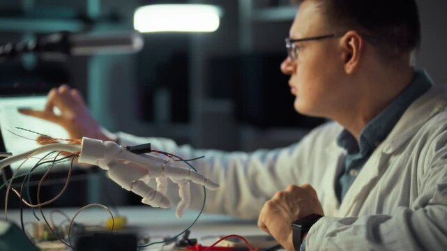 A young engineer works on a complex robotic hand, focusing on its functionality and design. The setting is an advanced laboratory during the evening, complete with equipment and tools