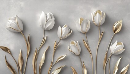 Elegant White Tulips With Gold Accents On Gray Background