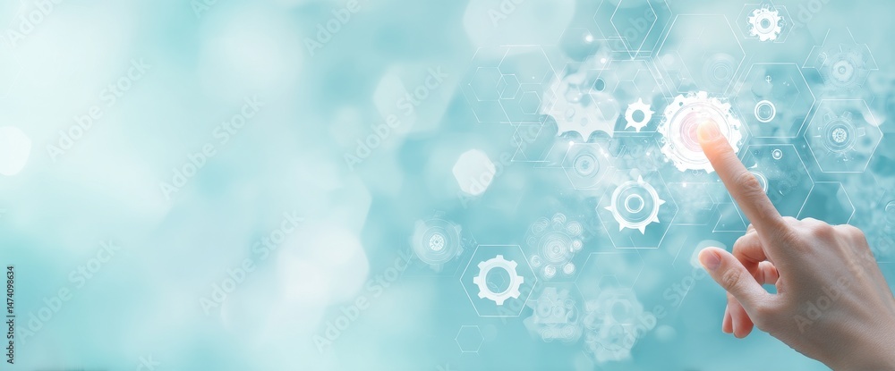 Poster future technological advancements are represented by a hand pressing a button on a screen