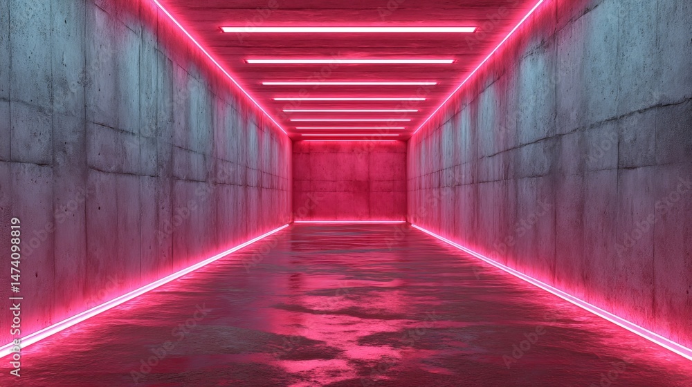 Poster a red neon hallway with a wet floor serves as the backdrop for a futuristic game design
