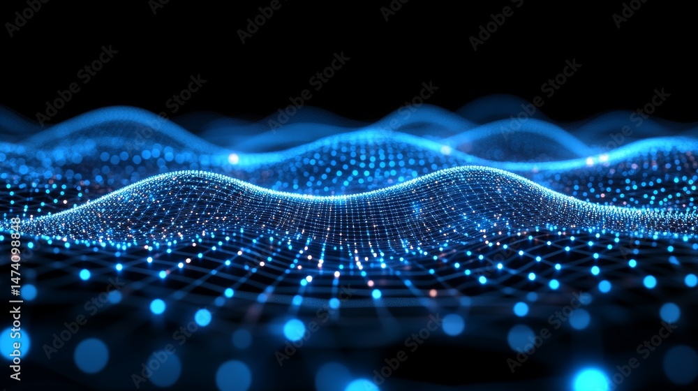 Poster the illustration depicts a dark background overlaid with a blue abstract design of interconnected li