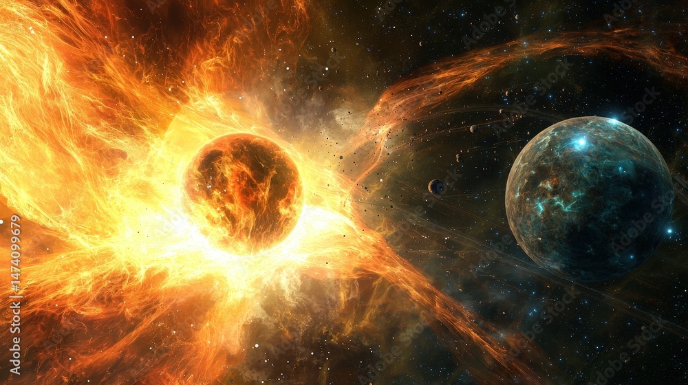 Sticker cosmic explosion and celestial bodies in outer space scene
