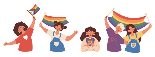 Pride Month LGBT People woman set. Happy lesbian girl Holding Rainbow Flag and heart. Pride March. LGBTQ support, celebrating love, identity and equality. Vector Illustration
