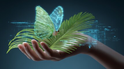 A digital illustration of a synthetic hand, embodying stock, delicately makes contact with a butterfly, signifying the convergence of technology and the natural world in an eco-friendly concept