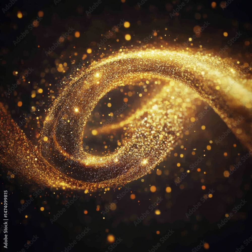 Poster golden glittering particle stream swirls in dark space abstract background digital art render festiv