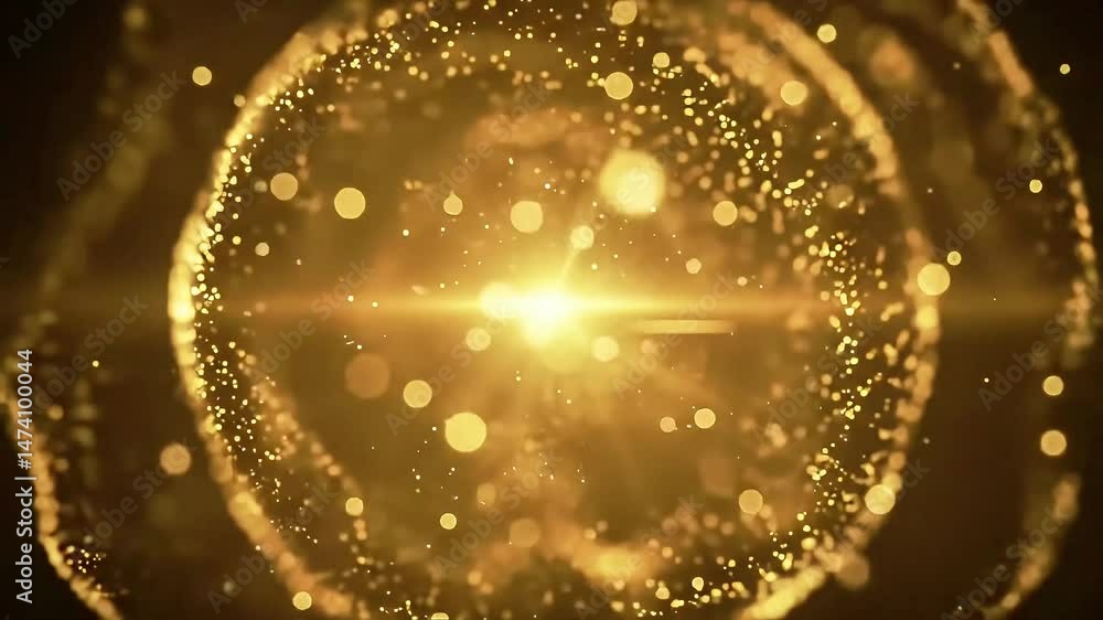 Poster golden particle sphere bursting with light: abstract motion graphics background
