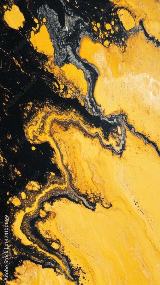 Poster abstract fluid art photograph of yellow and black paint mixing in unique patterns and textures from 