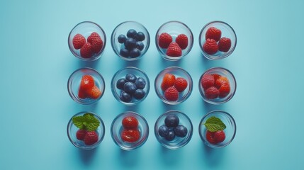 Fototapeta premium Overhead of Fresh Berries in Bowls on Blue Background Healthy Eating Lifestyle Food Photography