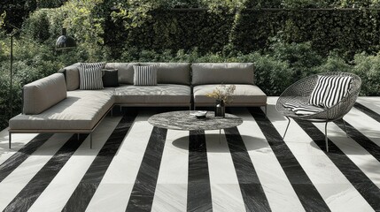 Modern outdoor lounge area with striking black and white patterned flooring