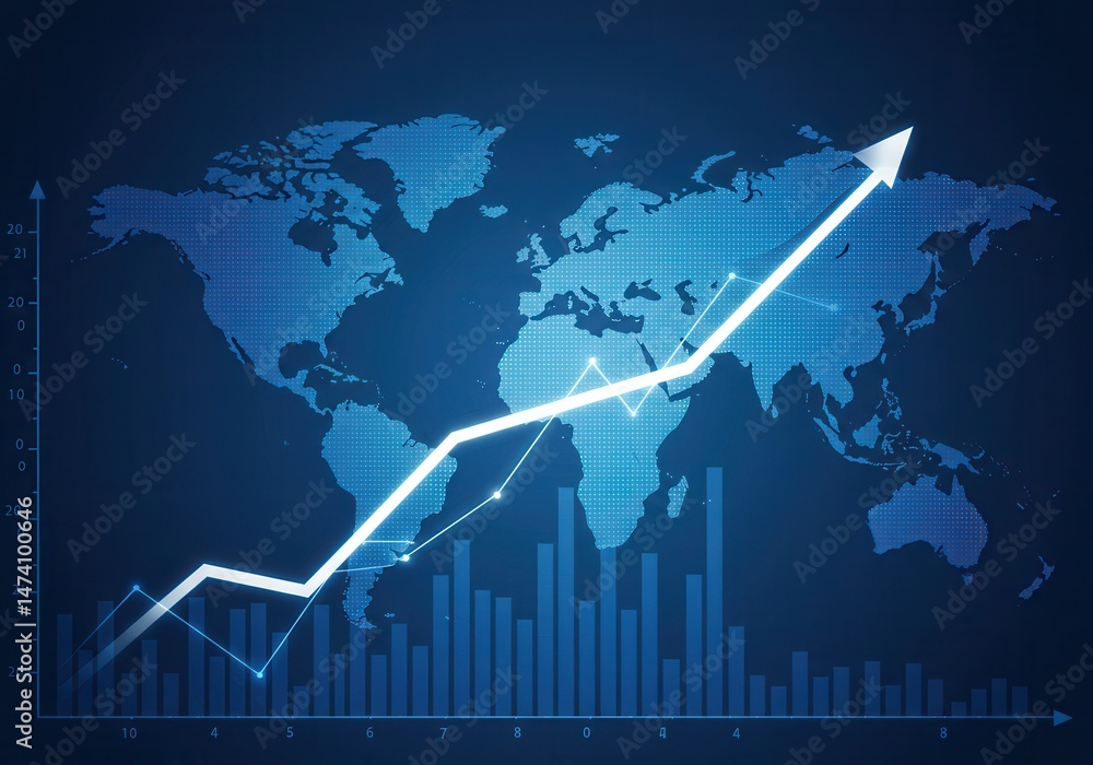 Poster global financial growth chart with upward arrow and bar graph over a world map in blue