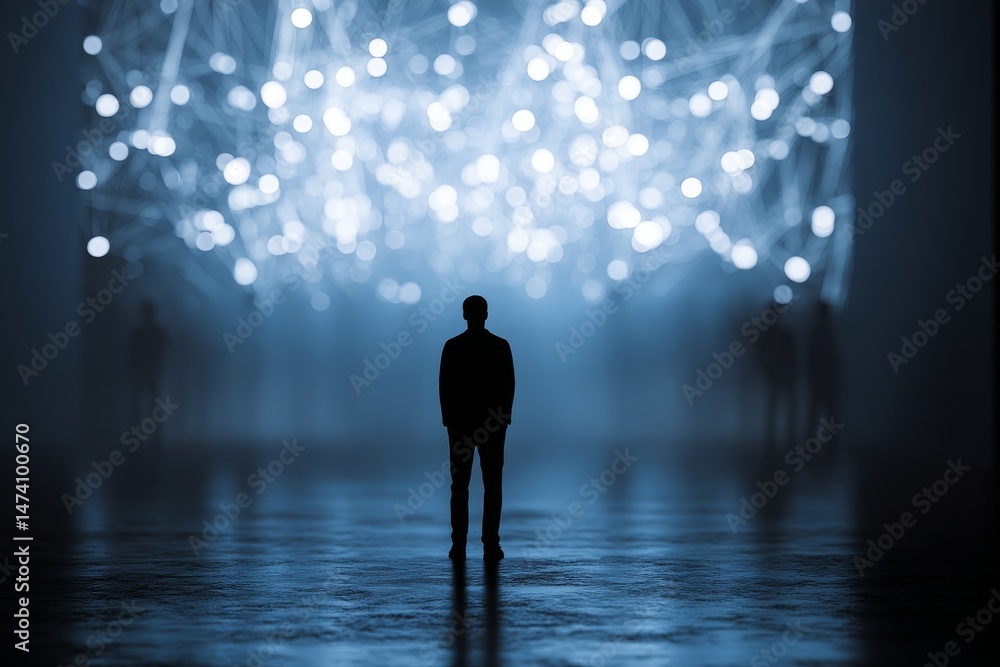 Poster a human figure in a hoodie is seen from the back as they observe a virtual wall with an intricate ab