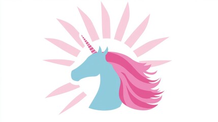 Unicorn Head Profile with Pink Mane and Rays in Pastel Colors on White Background Graphic Illustration