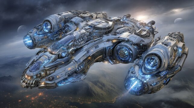 The title 'Celestial Night: X-wing Soaring Over Enchanting World' is a captivating phrase